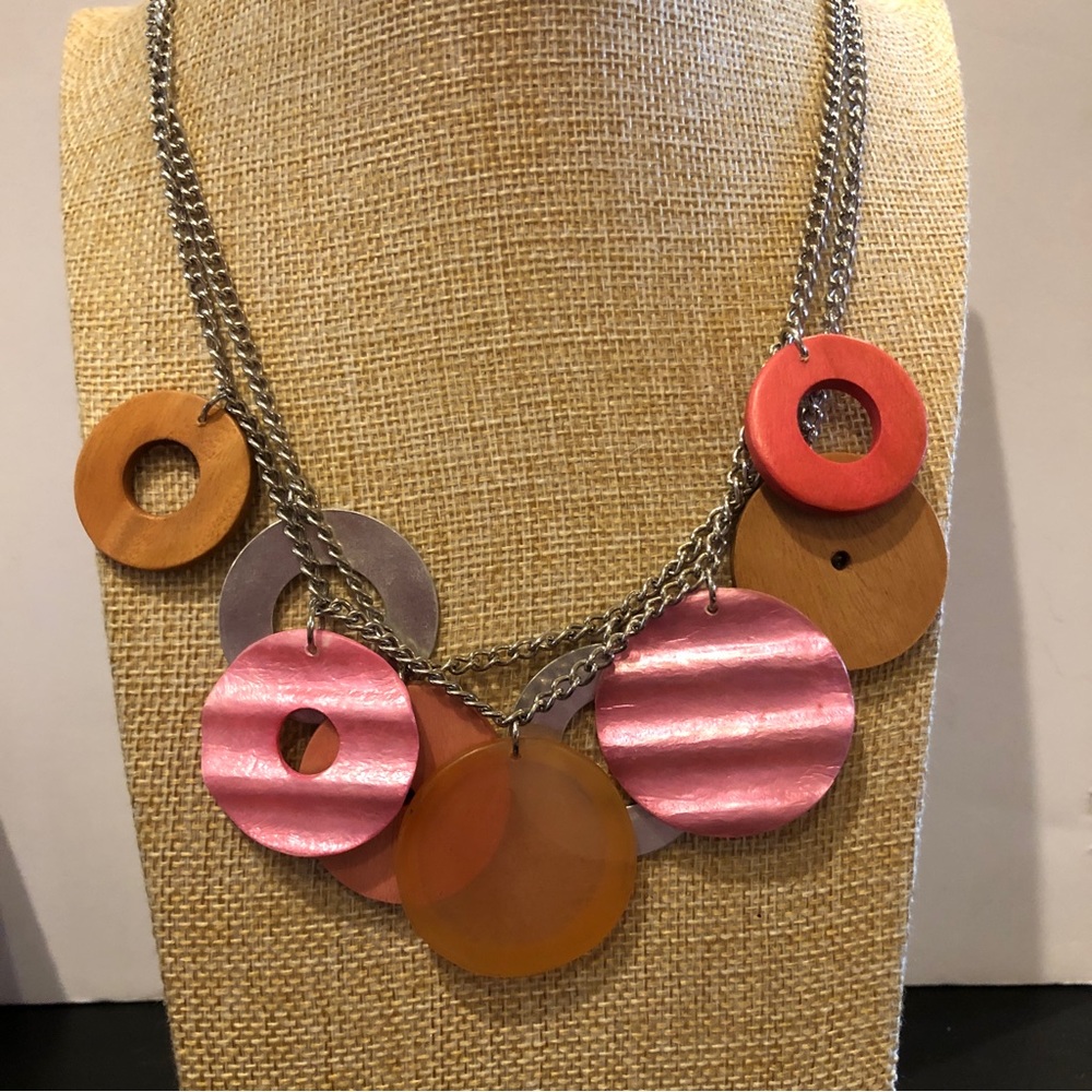 NWT Indian Summer brand Necklace. Wood, shell, silver round pieces -silver chain